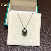 KUGG PEARL 18K White Gold Necklace Natural Tahiti Black Pearl Pendant Women Engagement Necklace Classic Diamond Design