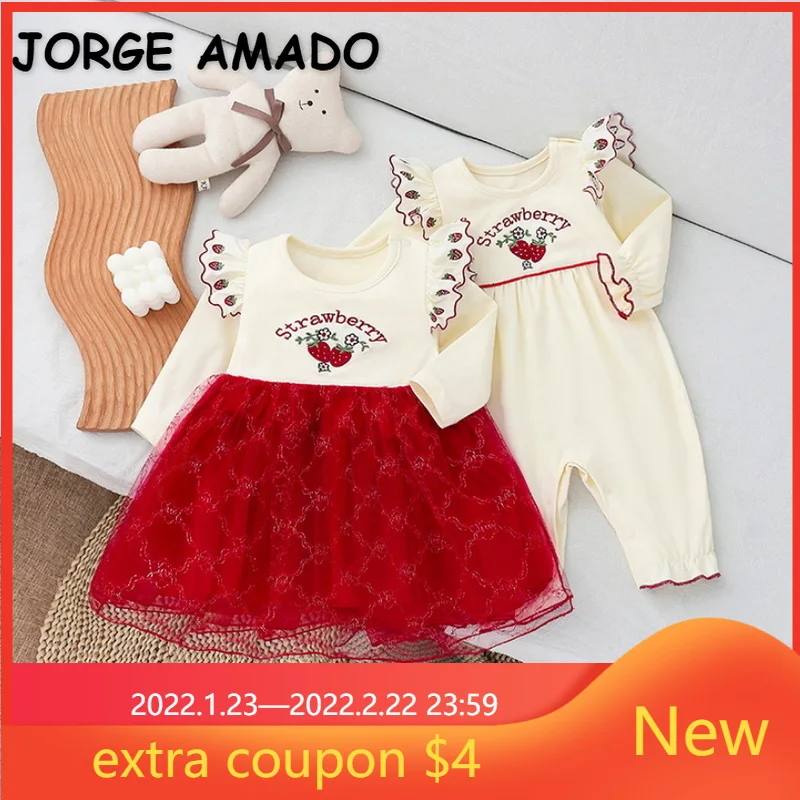 

2022 Spring Family Matching Sister Clothes Flare Sleeves Strawberry Romper+Patchwork Princess Baby Dress Twins Clothes E9195