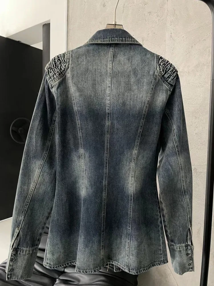 Женская джинсовая рубашка на молнии DEAT синяя облегающая плиссированная блузка