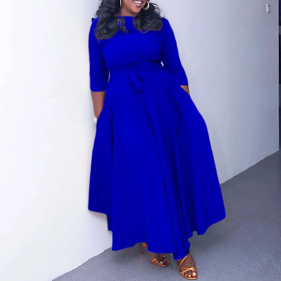 Plus Size Elegant Dress Trendy Solid Casual Cloth With Belt Lady Luxury Long Robe 2023 Summer Evening Party New In Dress