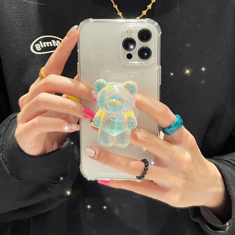 

3D Korea Cartoon Bear Ring Holder Stand Transparent Soft Phone Case for iphone 13 12 11 Pro Max MiNi XR X XS 7 8 plus SE Cover