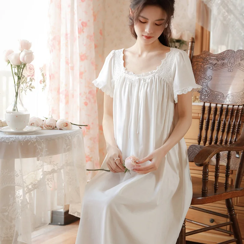 Victorian Cotton Night Dress Women Summer Short Sleeve Sexy Lace White Peignoir Vintage Nightgowns Princess Sleepwear Home Wear