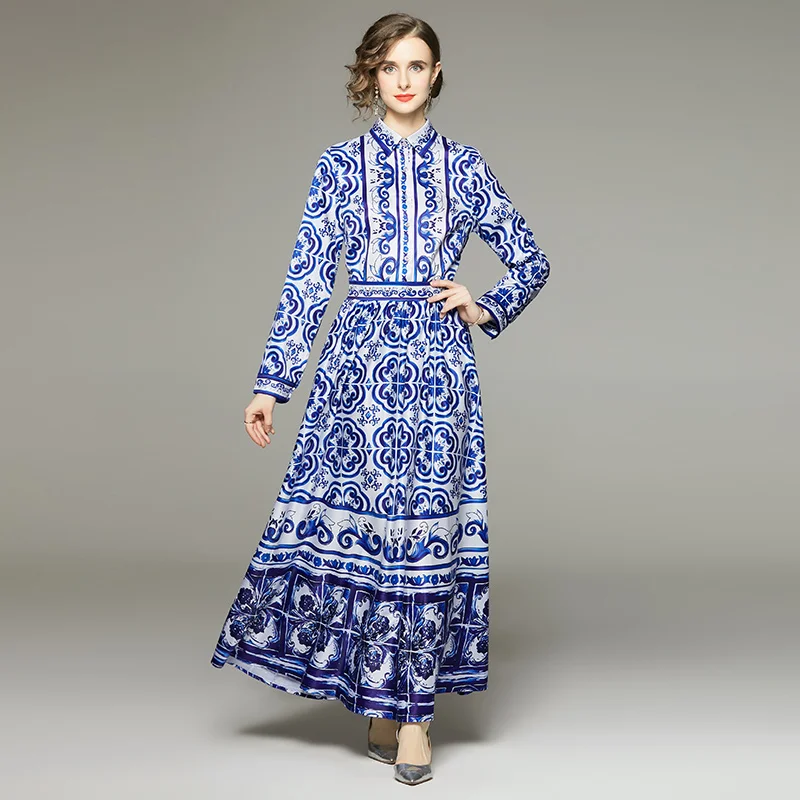 

Женское модельное длинное платье, Элегантное однобортное Праздничное Платье макси с отложным воротником и цветочным принтом синего и бело...