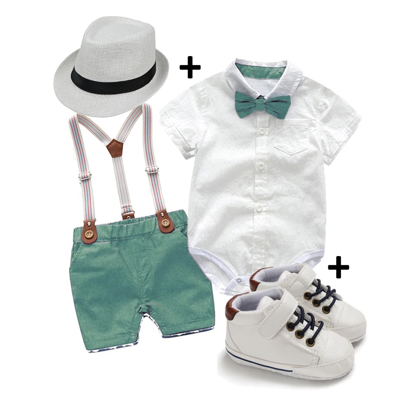 Baby Boys Gentleman Wedding Clothes Set Short Sleeve  Romper with Suspender Pants  Shoes Jazz Hat Birthday Photograph