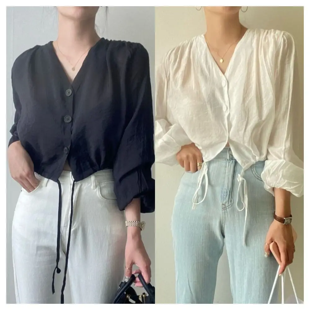 Повседневные рубашки с длинными рукавами на шнурке женская блузка v-образным