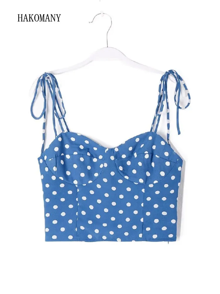 

2023 Women Summer Corset Tank Sexy Slim Side Zippe Crop Top Retro Camisole Adjust Tie Bow Strap Blue White Polka Dot Print Camis