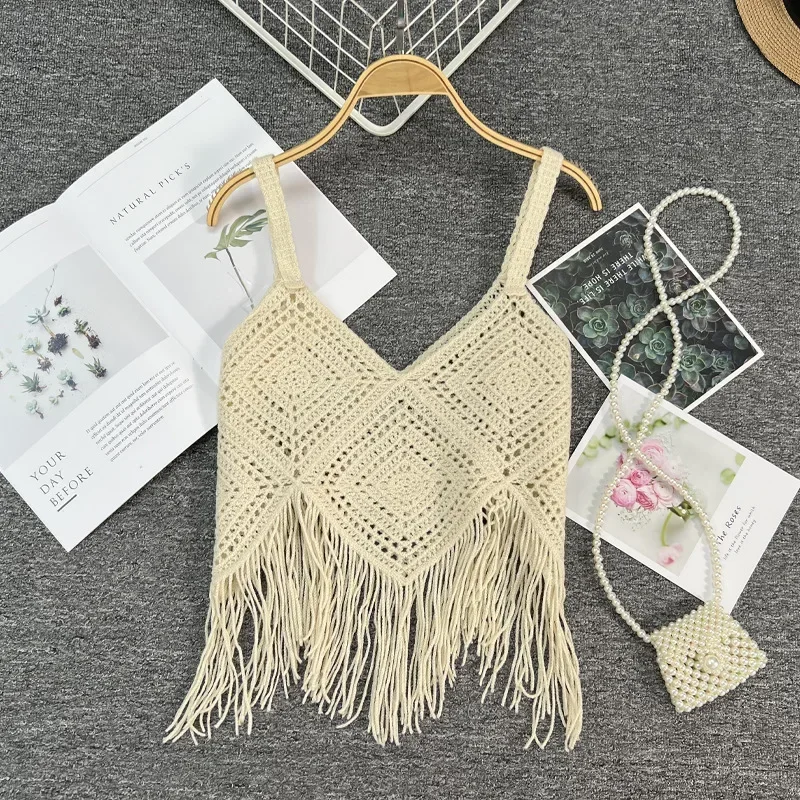 Zhuanqing Женские Вязаные Топы На Бретелях В Стиле Бохо С Кисточками И Короткими