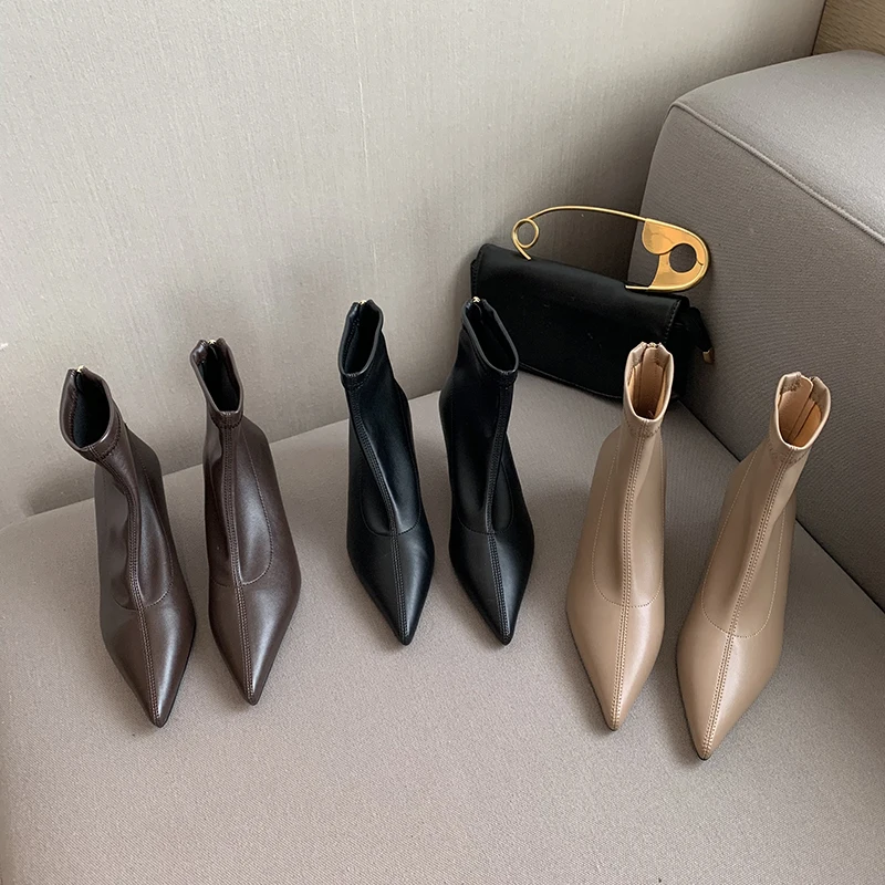 

Fashion Women Stretch Ankle Boots Pointed Toe Short Booties Black Brown Khaki Thin Mid Heels Elegant 2022 New Arrivals Botas