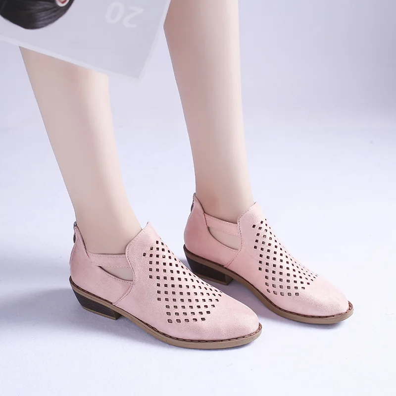 

NEW Autumn Low Heel Shoes Woman Hollow Out Breathable Pumps Zip Female Casual Shoes Fashion Chunky Heel Solid Footwear