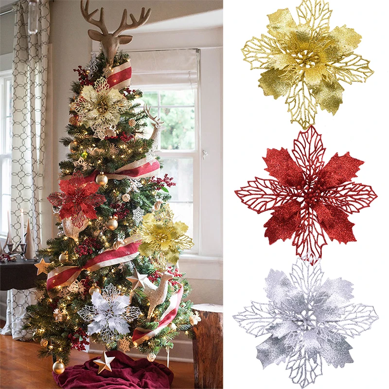 

1/3Pcs Big Flower Head Artificial Glitter Flower For Christmas Tree Ornament Fake Christmas Flower New Year Home Decoration