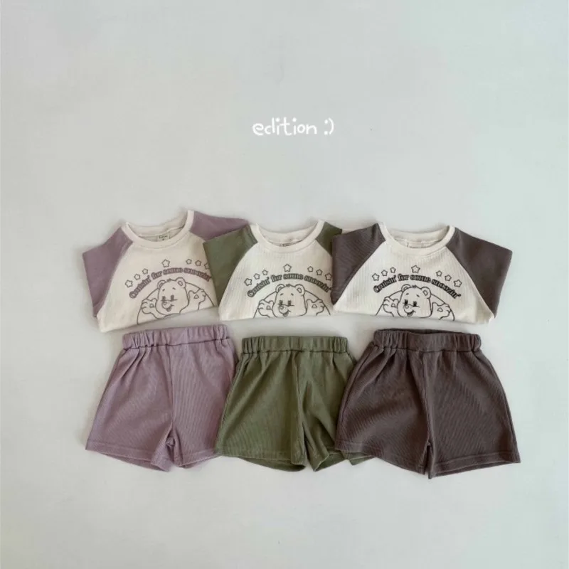 

2023 Korean Summer New Baby Boys 2PCS Clothes Set Cartoon Waffle Short Sleeve Top Solid Shorts Tracksuit Infant Boys Outfits
