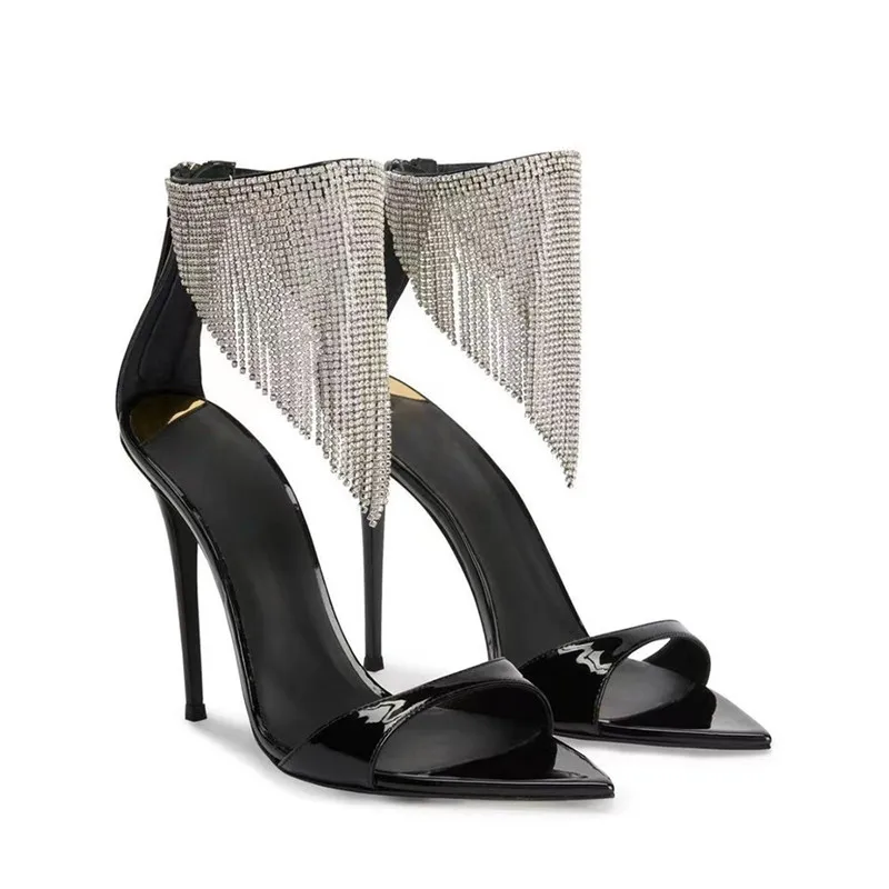 

Women Luxury Rhinestone Tassel Pointed Sandals Open Toe Back Zipper Super High Heels Sexy Party Wedding Dress Women's Shoes
