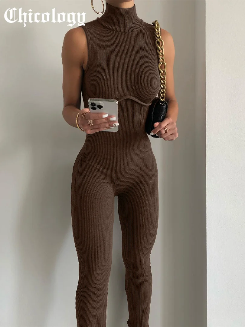 

Chicology 2022 Women High Neck Round Sleeveless Ribbed Knitted Bodycon Fashion Elegant Stretchy Solid Jumpsuits Summer