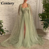 century sage green a line prom dresses with glitter sequin lace cape sweetheart high slit maxi evening gowns formal party dress