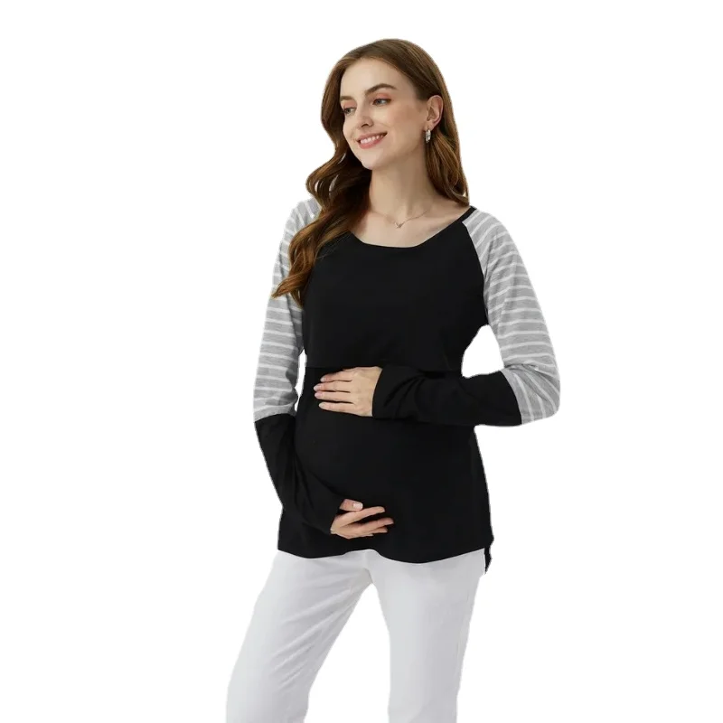 New Spring & Autumn Pregnancy Announcement Nursing Top Pregnant Clothes Cotton Striped Patchwork Long Sleeve Maternity Clothes