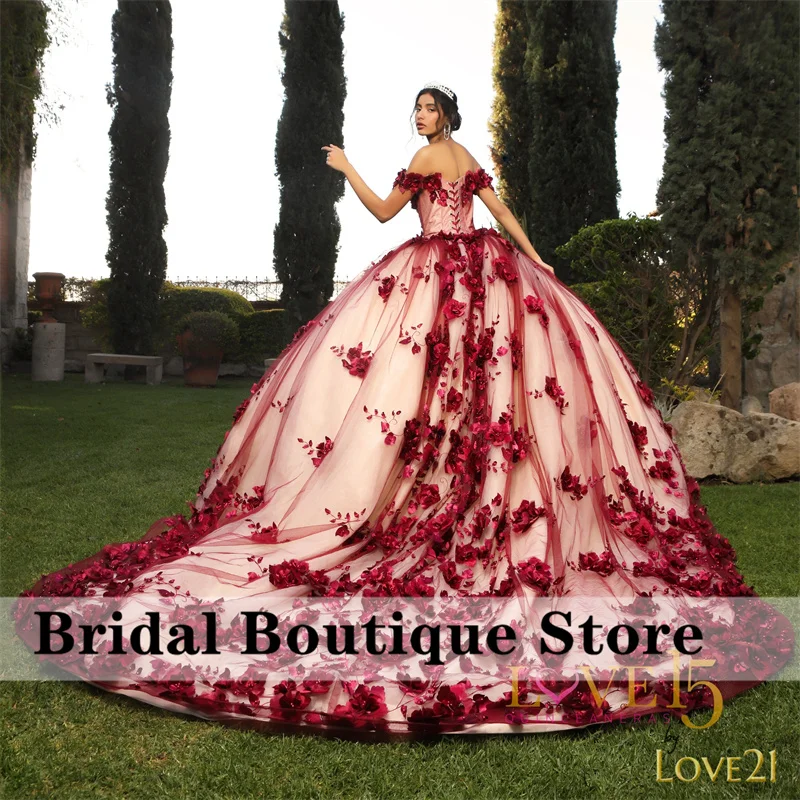 

Luxury 3D Flowers Quinceanera Dresses 2024 Ball Gown Floral Applique Crystal Pearls Sweet 16 Dresses Lace-Up Birthday Party