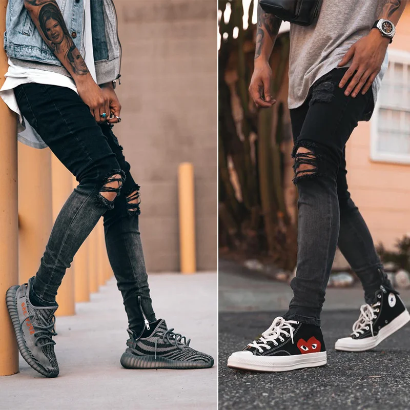 Men's Jeans High Street Men Gradient Washed Pants With Knee Holes Distressed Motorbiker Skinny Black Denim