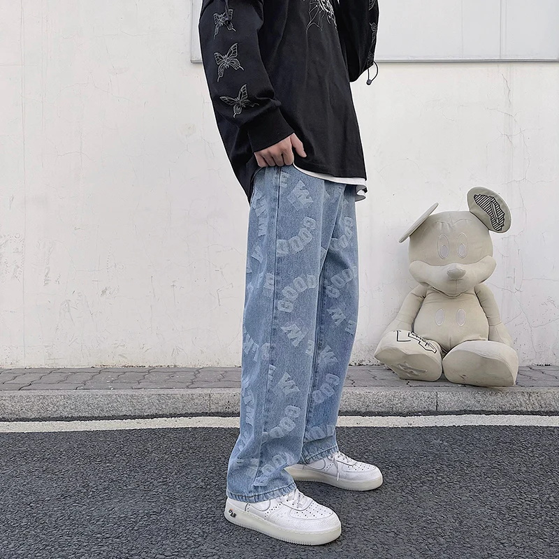 New Spring and Summer Jeans Blue Men's Loose Straight Pants  Street Clothes Loose Denim Clothes Pattern Street Clothes Oversize