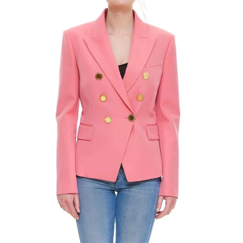 

Женский двубортный пиджак, розовый однотонный короткий Блейзер с золотыми пуговицами и длинным рукавом, весна 22