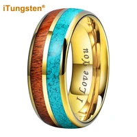 itungsten 8mm dropshipping gold tungsten ring for men women engagement wedding band blue turquoise koa wood inlay comfort fit