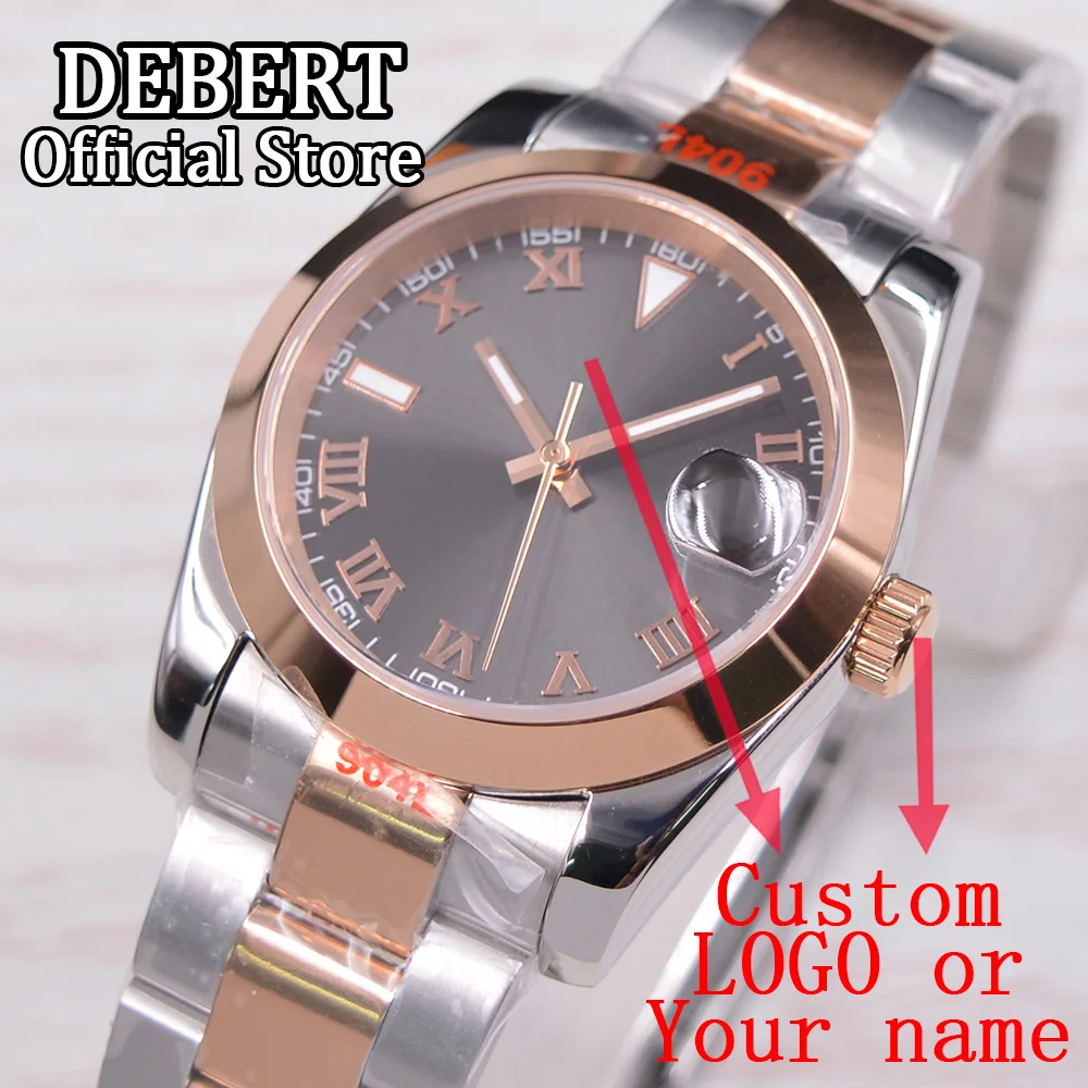 

Мужские часы с автоподзаводом DEBERT NH35A, 36 мм/39 мм, розовое золото, римские цифры, серый циферблат, нержавеющая сталь 316l, сапфировое стекло, часы без логотипа