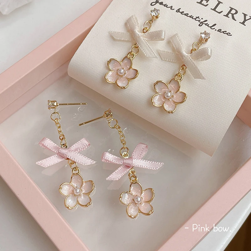 Милые летние женские серьги KADRUFI с розовым цветочным бантом из ткани корейские
