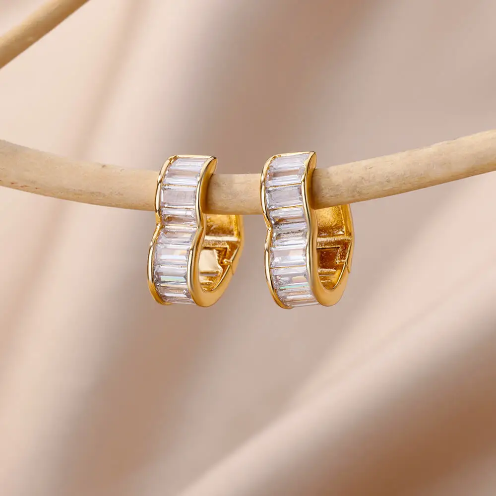 

Zircon Heart Hoop Earrings For Women Gold Plated Stainless Steel Square Round Piercing Earring Aesthetic Wedding Jewelry Gift