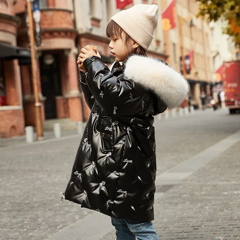 2022 Winter Girls Embroidery Fur Hooded Long Down Jacket Baby Kids Children Thick Warm Coat Outerwear Down  Fashion Winter Girls