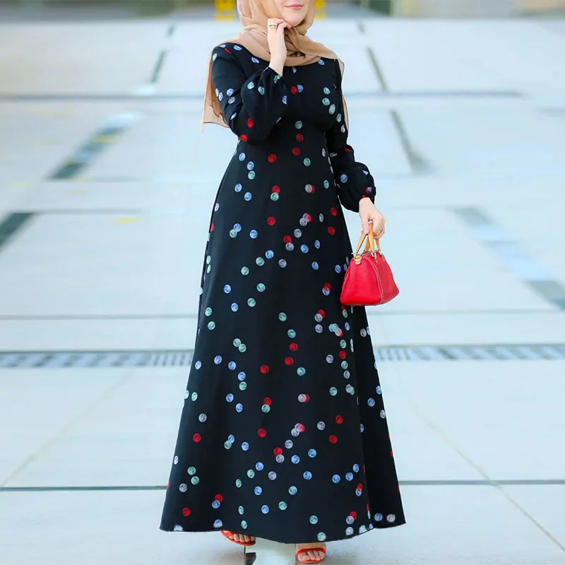 Woman Malaysia Muslim Maxi Dress Printed Long Sleeve O Neck Modest Ramadan Jalabiya Caftan Moroccan Kaftan Arab Islamic Dresses