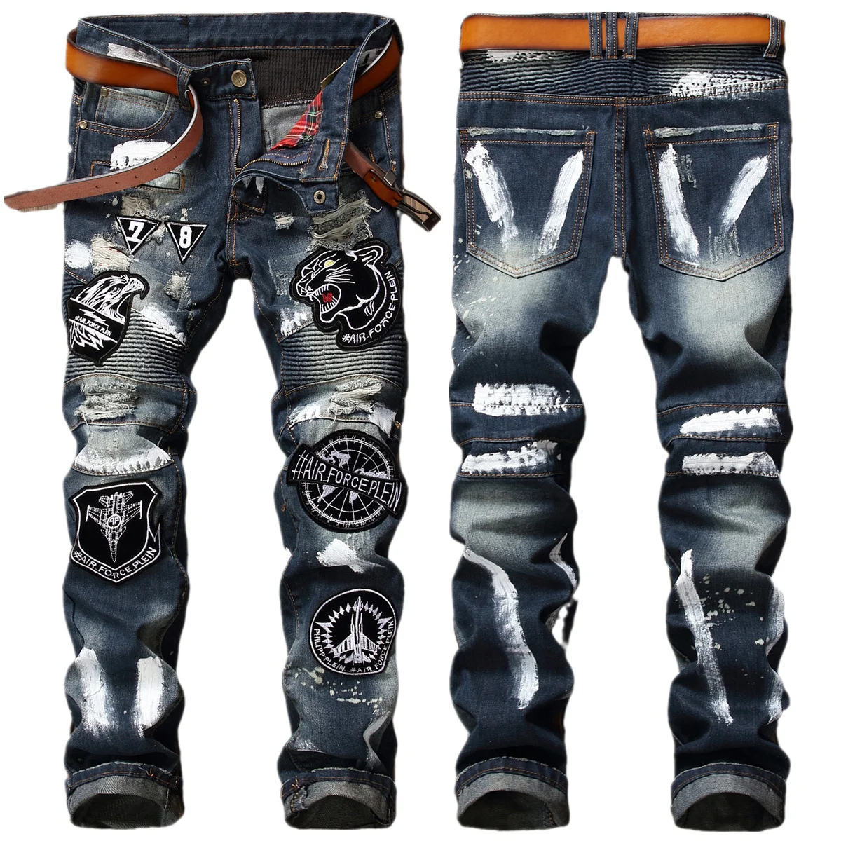 

New Original Men's Printed Jeans Patchwork Ripped Stretch Denim Slim Straight Pants Blue Sky White Cloud Painted Trousers