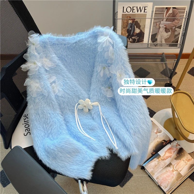 

Корейский Кардиган из искусственного меха норки, женские милые свитера с V-образным вырезом и цветочными пуговицами, женские зимние теплые плюшевые кардиганы, топы