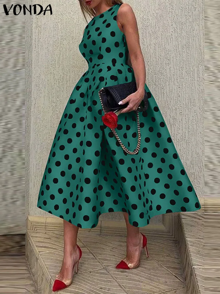 

VONDA Elegant Point Dot Midi Dress 2023 Summer Bohemian Sundress Women Sexy Sleeveless Printed Beach Robe Casual A-Line Vestidos
