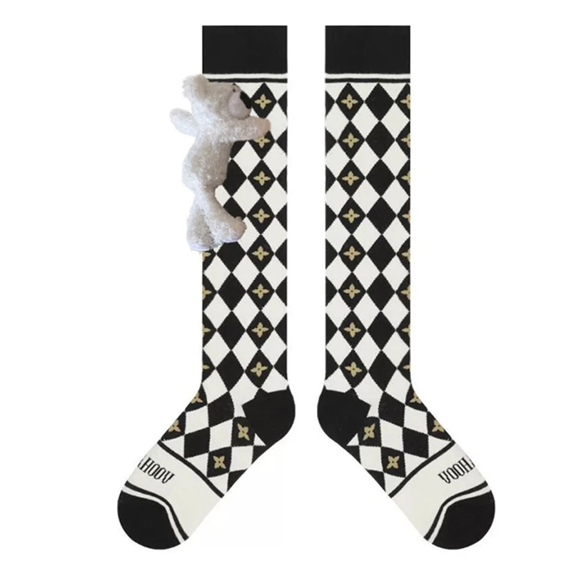 

Women Preppy Style Cartoon Knee High Socks Harajuku Argyle Diamond Plaid Print 3D Plush Bear for Doll Stockings