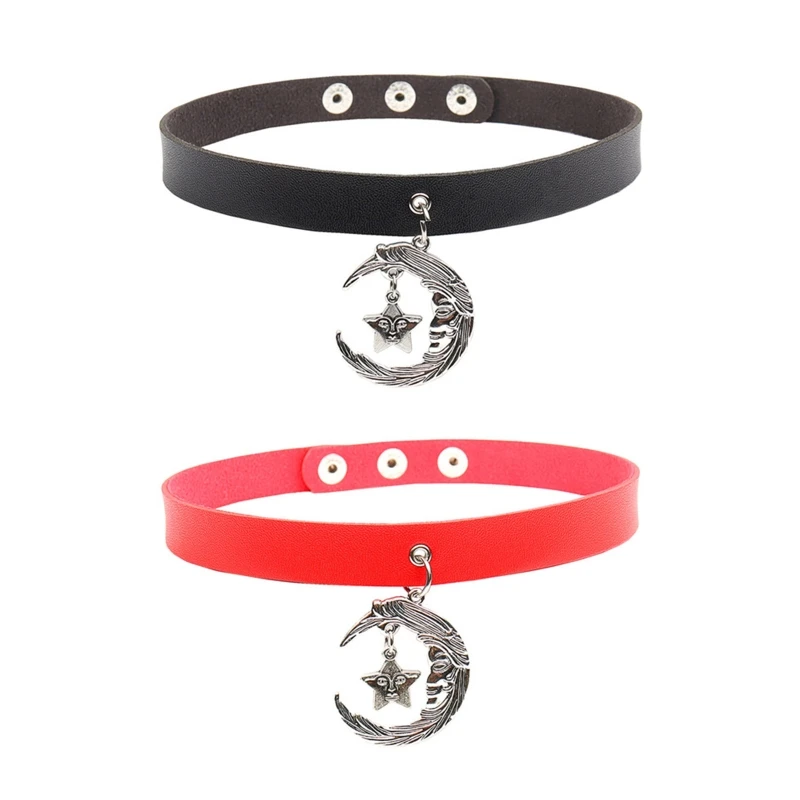 

Adjustable Fashion Punk Alloy Cool Gothic Leather Collar Choker Necklace Star Moon Choker Collar Gifts for Womens Mens