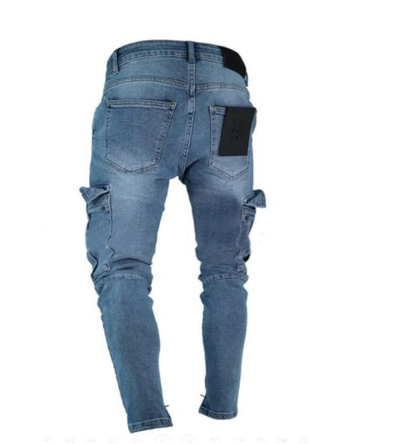 Stretch Mens Jeans Trend Knee Hole Zipper Side Pocket Denim Pants for Men
