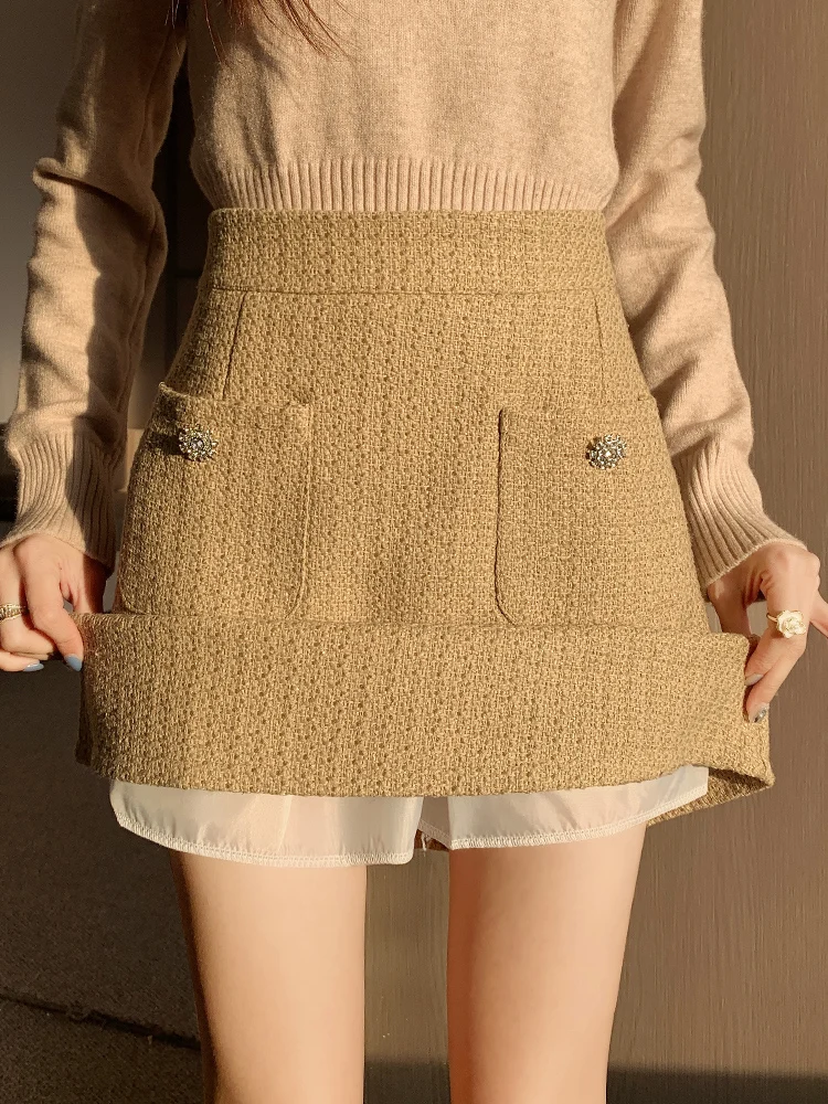 QOERLIN Твидовые мини-юбки женские с высокой талией на молнии сзади короткие юбки 2024