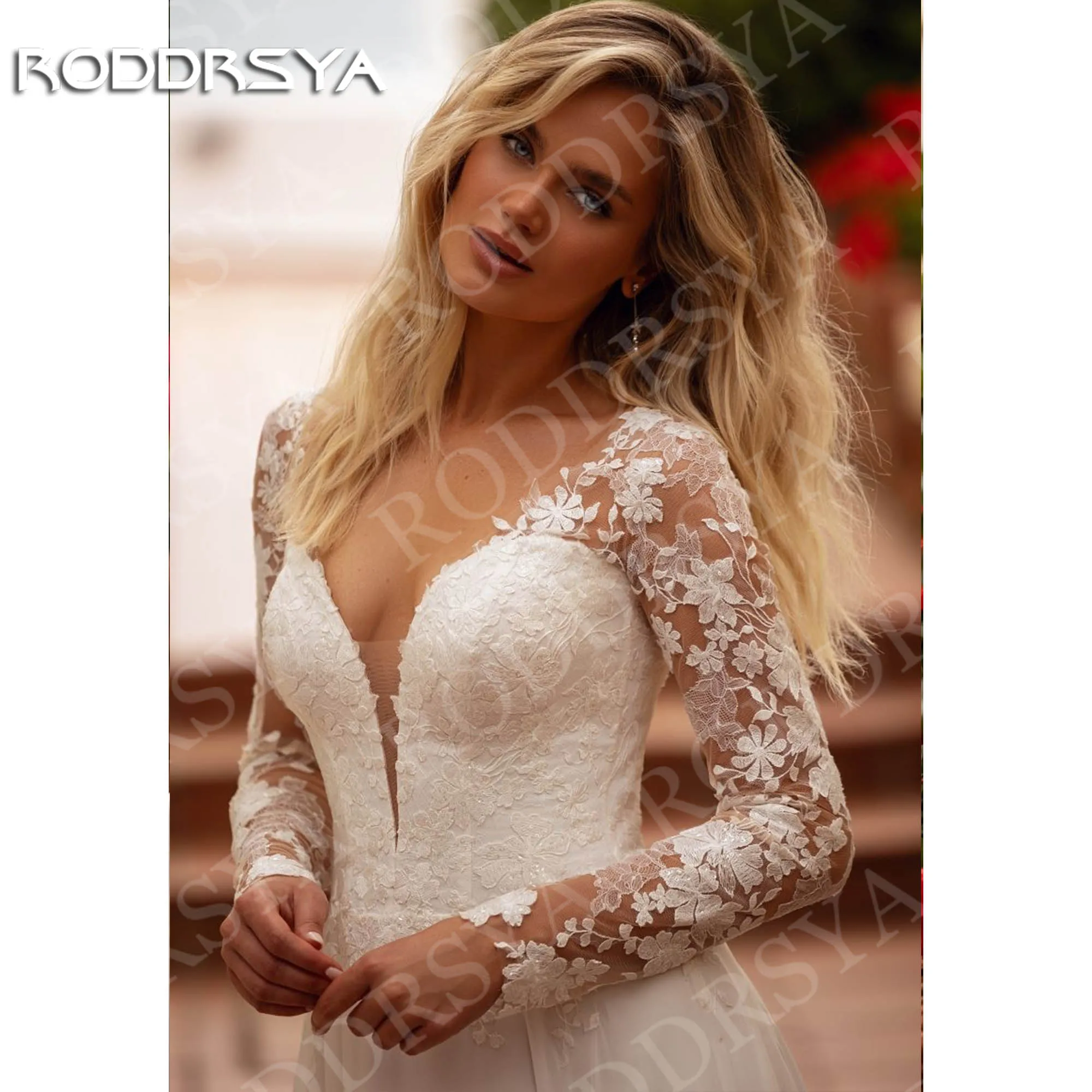 Фото Свадебное платье RODDRSYA А-силуэта из шифона для гражданской церемонии пляжное с V-образным вырезом кружевом длинными рукавами индивидуальный пошив Линия свадебное платье шифон гражданские женщины пляж V шея кружево д №4