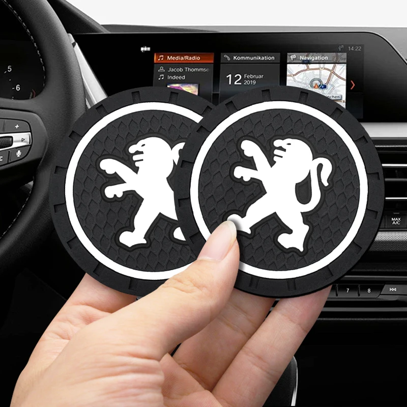 

2pcs Car Logo Anti-Slip Car Water Coaster Rubber Mat Bottle Holder Coaster 7.2cm For Peugeot 107 108 206 207 301 3008 307 Etc