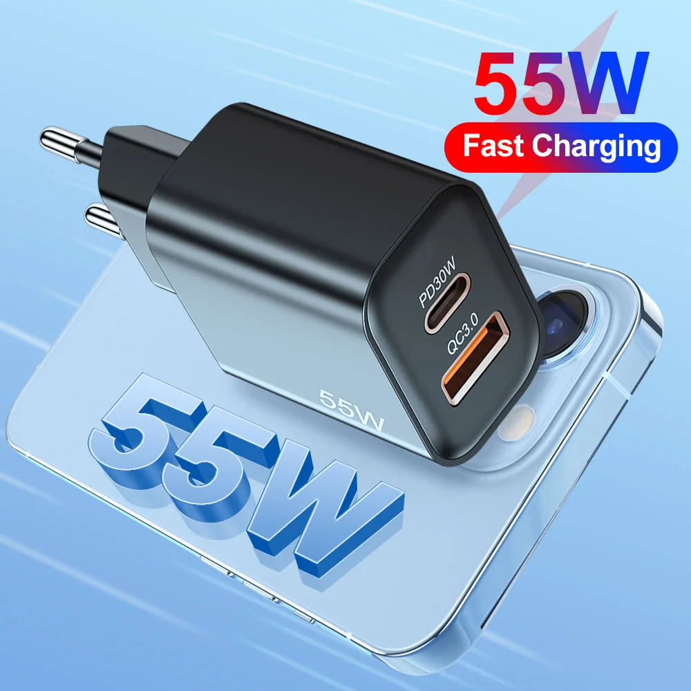 Фото 55 Вт PD Fast USB Charge Charger 2 порта EU US Plug Настенное зарядное устройство Адаптер для iPhone Xiaomi Huawei Samsung USB C Зарядное устройство для телефона №1