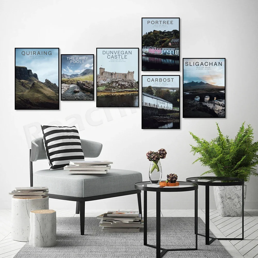 Carbost Talisker Castle Dunvegan Fairy Pool Black Carlins Isle of Skye Scottish Highlands принт дорожного плаката Scotland