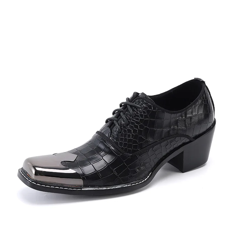 

New Square Head Personalized Leather Catwalk Models Crocodile Skin Pattern Fashion Trend Thick-soled Men's Shoes Leather Shoes