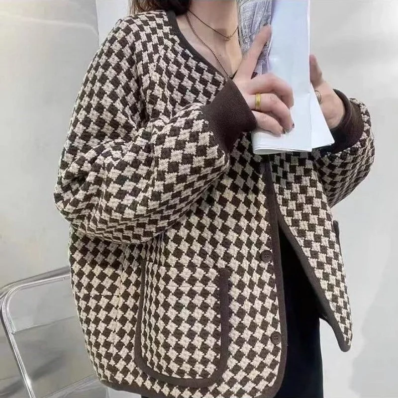 

Korean Style Loose Tweed Jacket Women Chic Blend Wool Houndstooth Coat Ladies Spring Single-breasted Outwear with Pockets E178