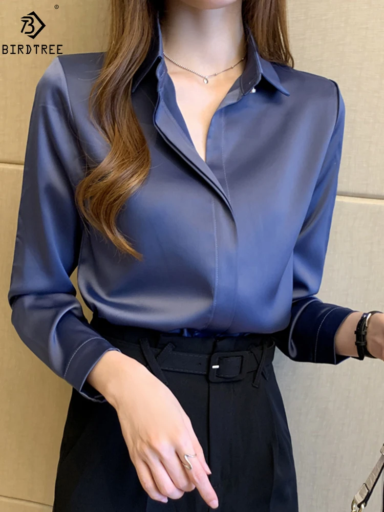 

Women Elegant Satin Solid Long Sleeve Blouses Female Chic Vintage Blue Green Casual Loose Buttons Down Shirts Tops 2022 T23301X