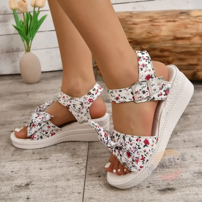 

Shoes for Women 2023 Basic Women's Sandals Summer Casual Sandals Women Fashion Bow Wedges Shoes Ladies Print Platform Sandals