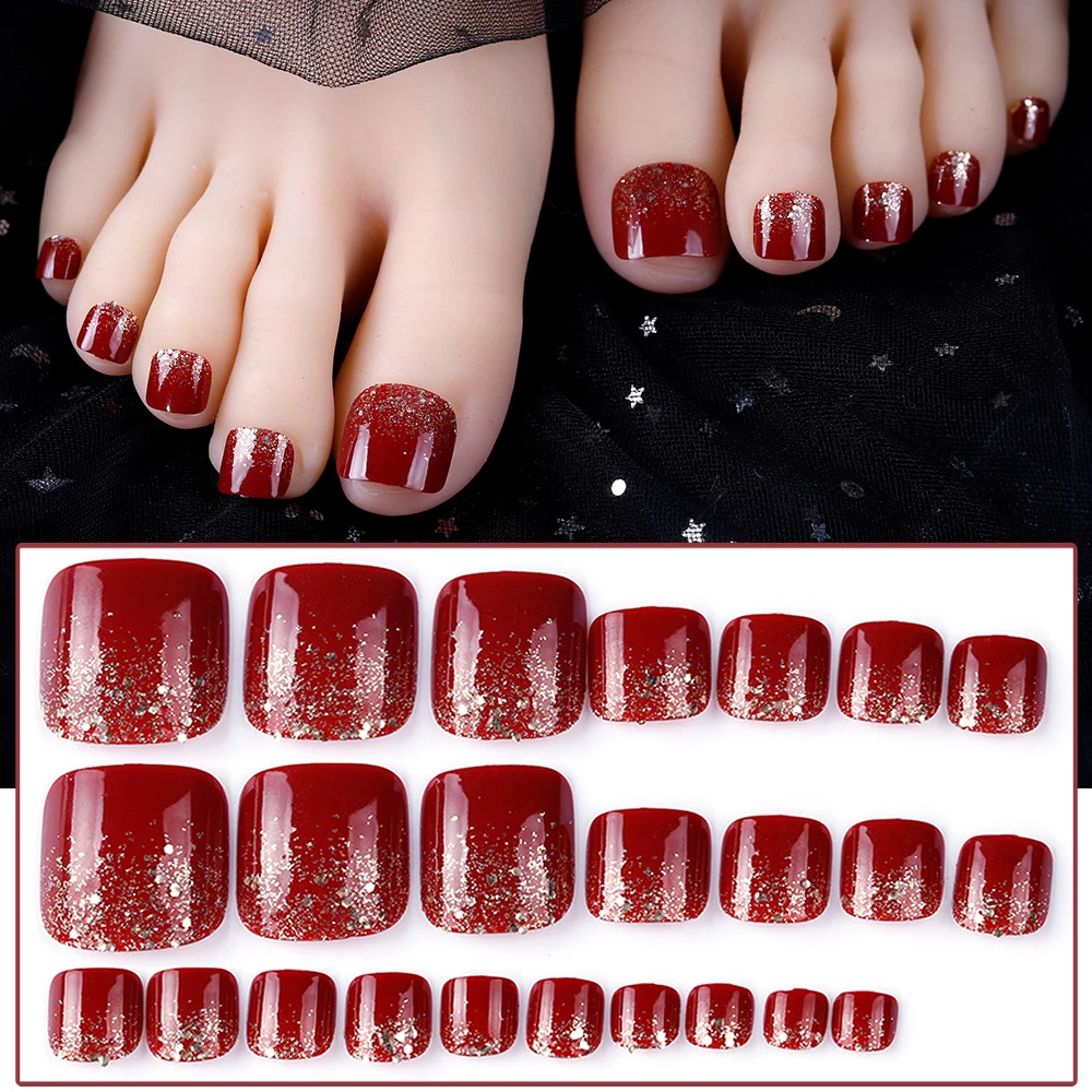 

Носимые части ногтей, модный винно-красный цвет, блестящий, искусственный носок, искусство ногтей, полное покрытие ногтей с клеем, съемная п...