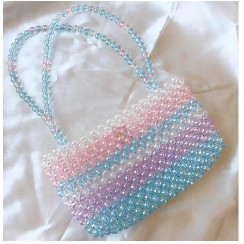 

Colorful Beaded Woven Bag Women's Handbag Rainbow Stripes with Shoulder Bag Fashion Niche Coin Purse Designer2022 Beach Cute