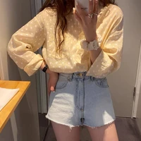 women shirt yellow long sleeve white polka dots button up lady top korean fashion bright summer shirt camisas mujer 2022 spring