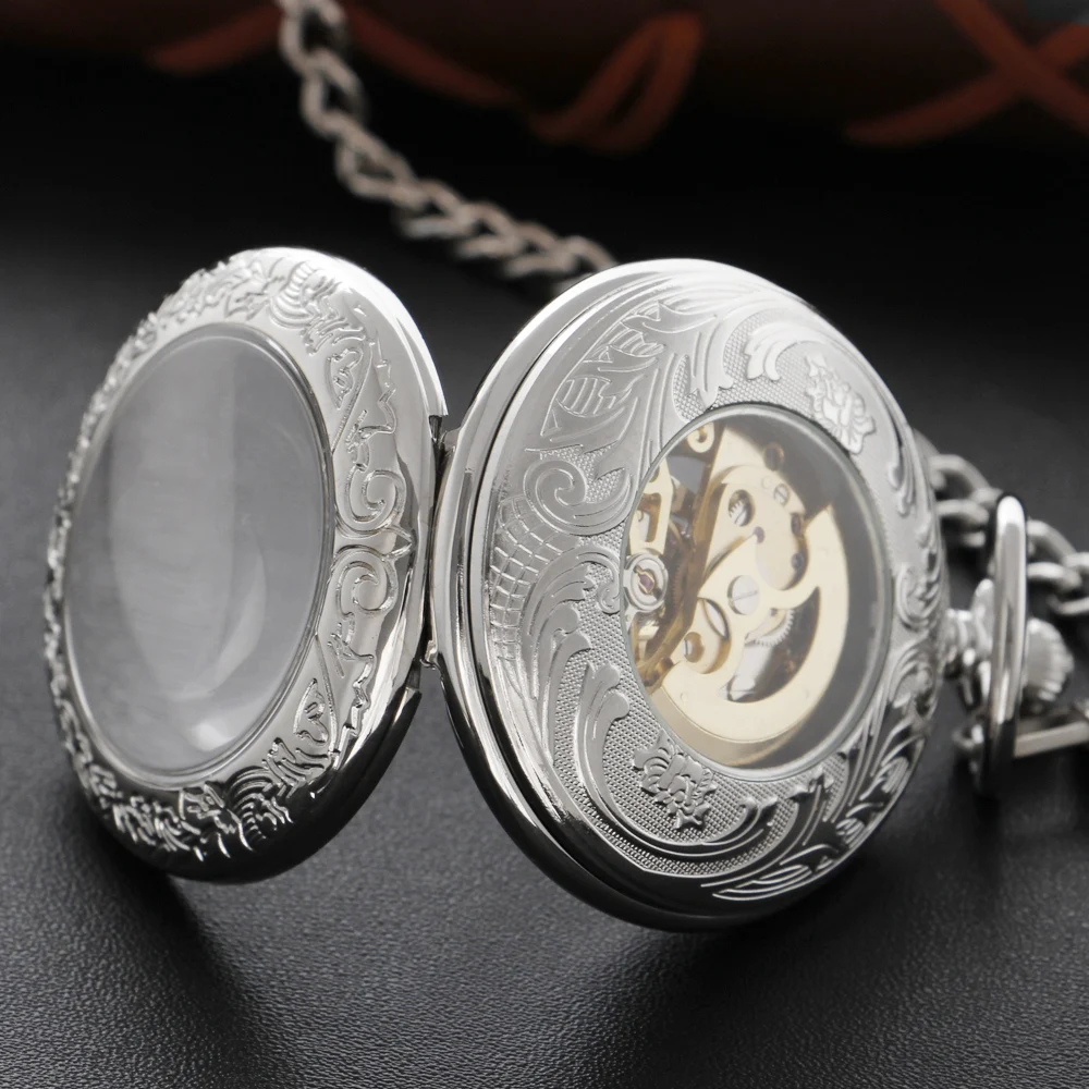New Exquisite Pattern Sculpture Mechanical Pocket Watch with Fob Chain Men's Hollow-Out Skeleton Dial Fashion Pocket Watch Gift