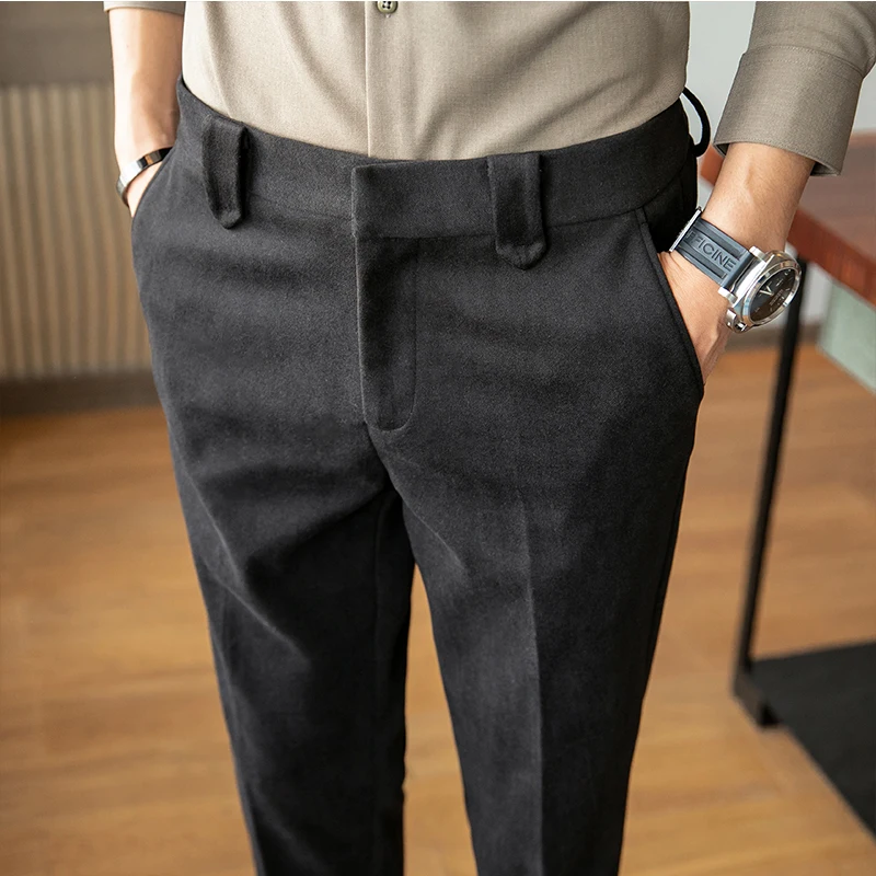 

2023 мужские повседневные классические брюки с высокой талией, мужские дизайнерские зауженные брюки, деловые, офисные, вечерние, свадебные, вечерние, классические, шерстяные Костюмные брюки A115