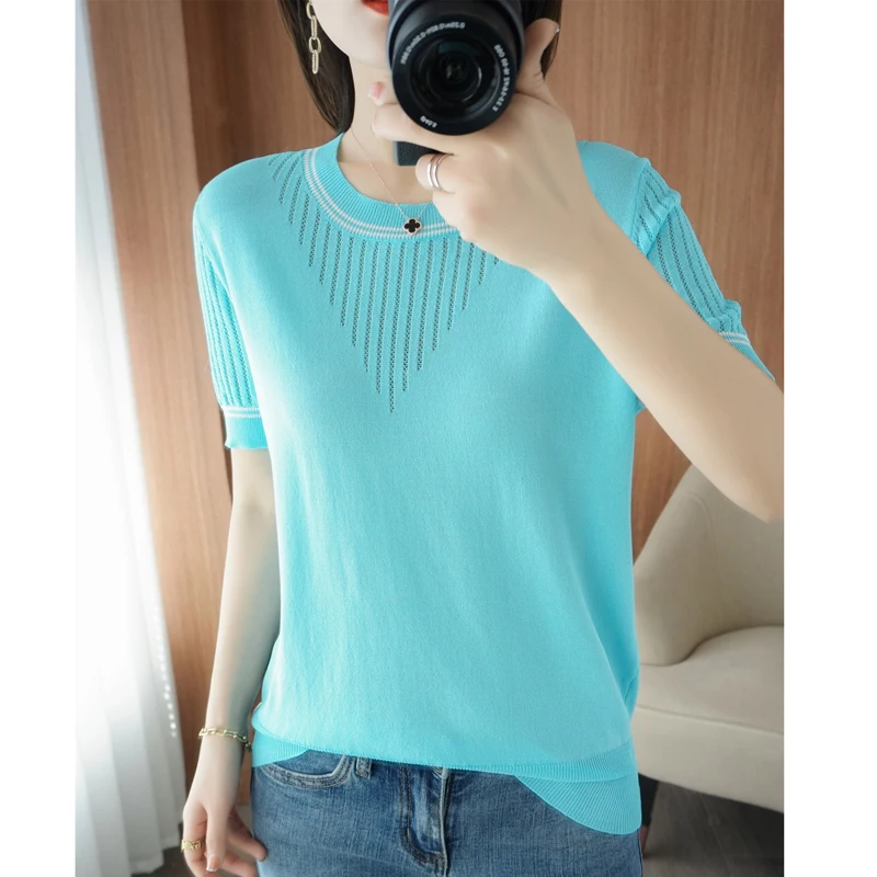 

Spring Autumn New Ice Silk Short Sleeved Women's Round Neck T-Shirt Thin Hollow Bottomed Half Sleeved Sweater Loose Korean Shirt